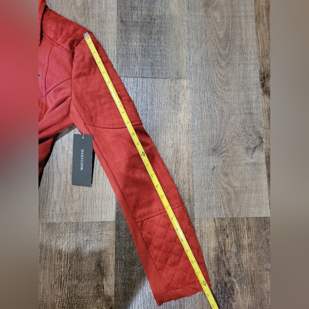Women's Red Faux Suede Jacket with Quilted Sleeves - Picture 11 of 12
